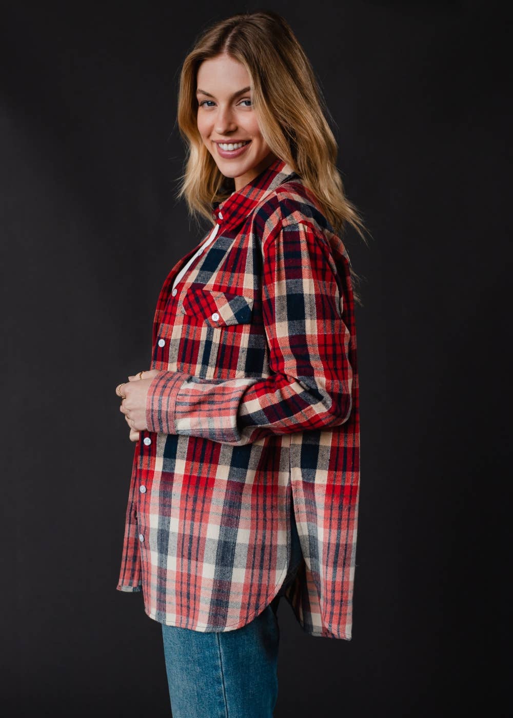 Red, Navy & Tan Plaid Flannel - The Bronze Butterfly