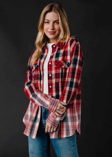 Red, Navy & Tan Plaid Flannel - The Bronze Butterfly