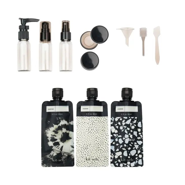 Refillable Ultimate Travel 11pc Set - Black & Ivory - The Bronze Butterfly