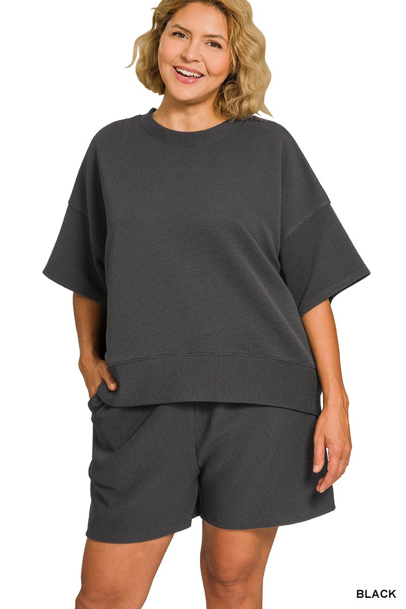 Ribbed round neck waist banded tee & shorts set Plus Size - The Bronze Butterfly