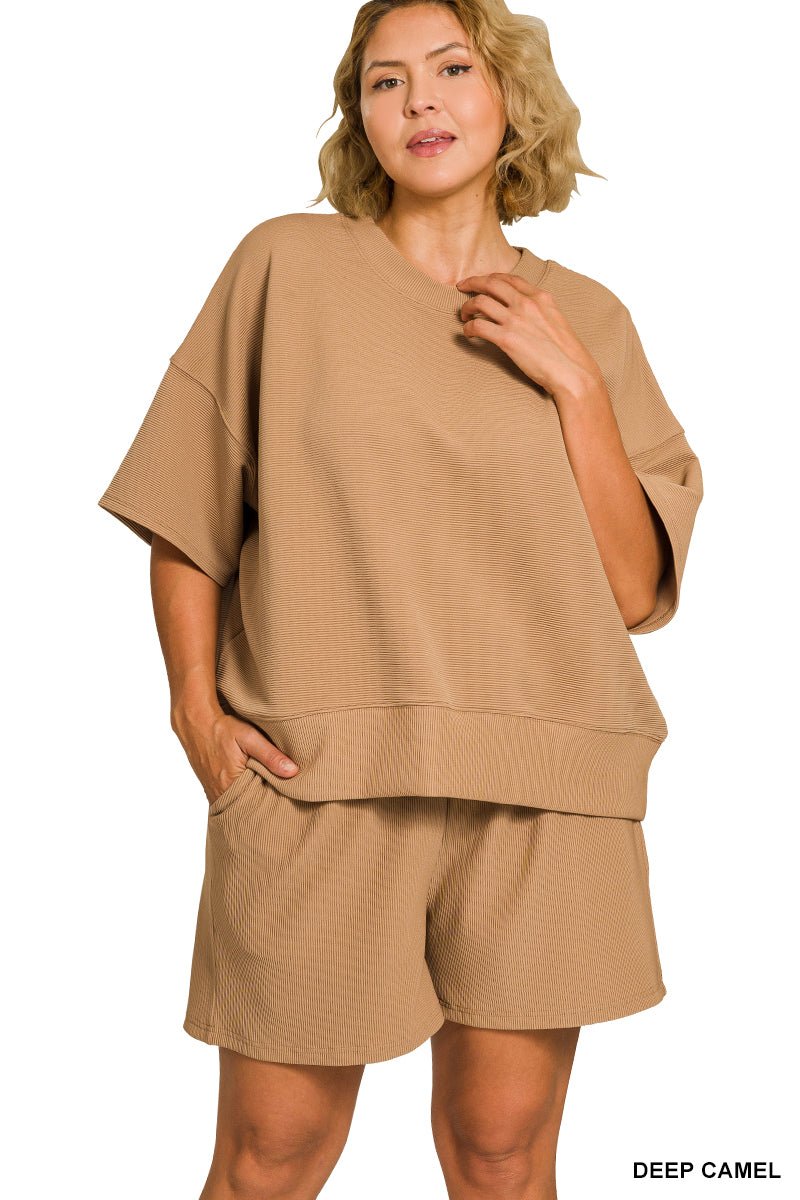 Ribbed round neck waist banded tee & shorts set Plus Size - The Bronze Butterfly