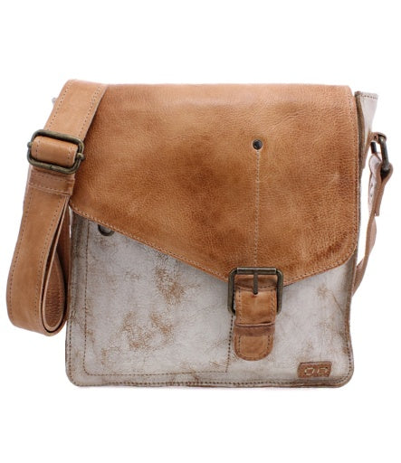Brown leather satchel bag with a contrasting gray flap on a white background