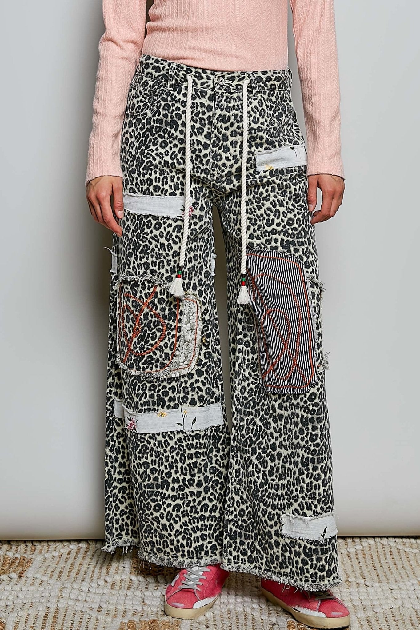 Sand Leopard Embroidered Patchwork Pants by Pol - The Bronze Butterfly