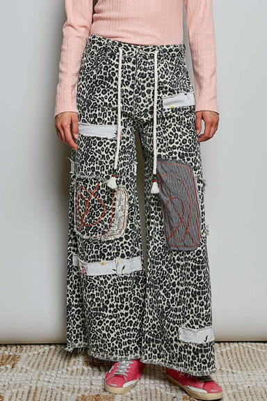 Sand Leopard Embroidered Patchwork Pants by Pol - The Bronze Butterfly