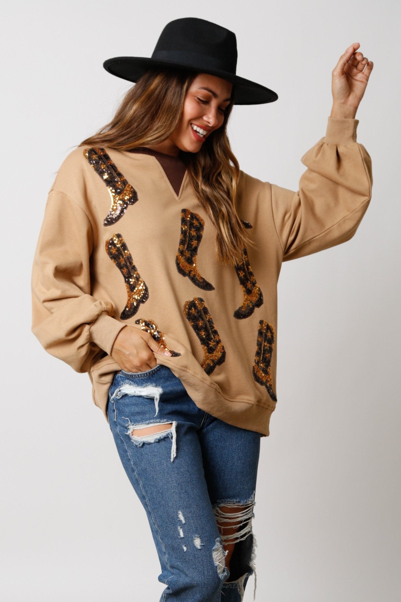 SEQUIN - EMBELLISHED WESTERN BOOT PULLOVER - The Bronze Butterfly