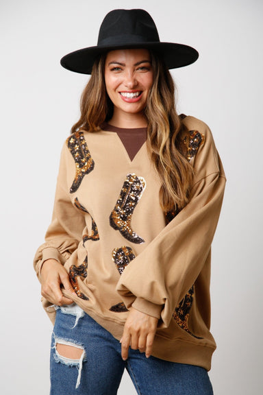 SEQUIN - EMBELLISHED WESTERN BOOT PULLOVER - The Bronze Butterfly