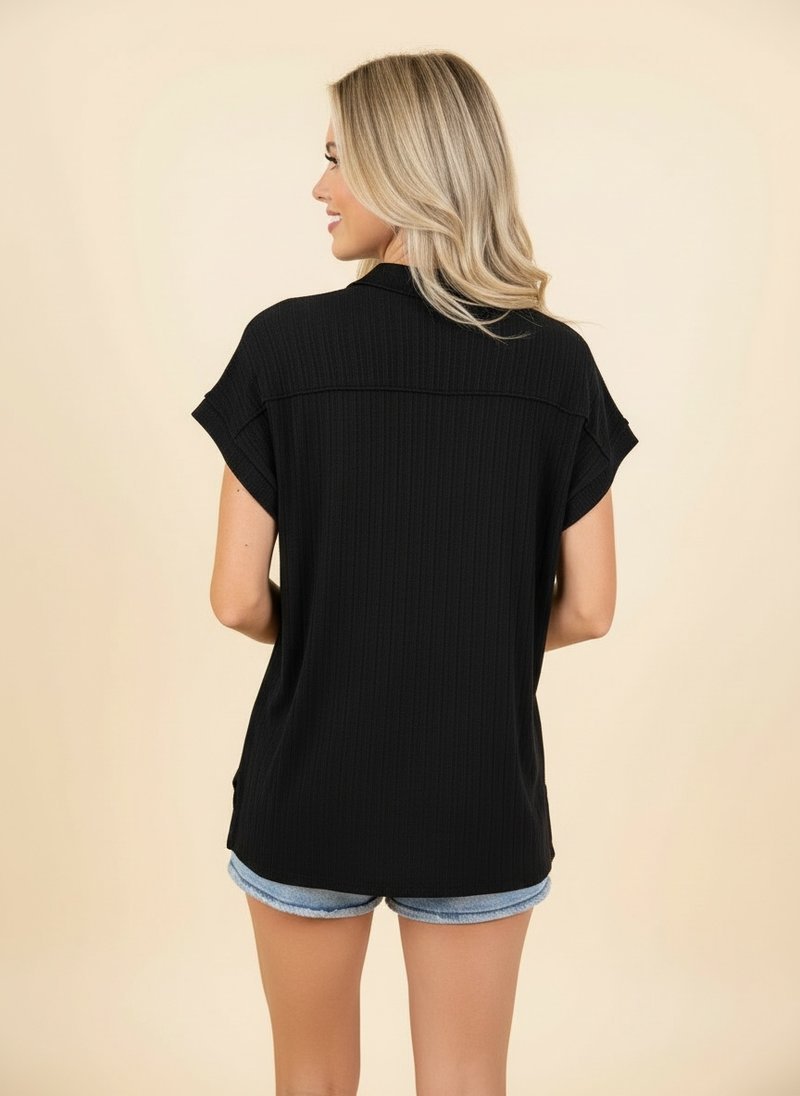Short Sleeve Ribbed Button-Down Top - The Bronze Butterfly