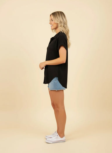 Short Sleeve Ribbed Button-Down Top - The Bronze Butterfly