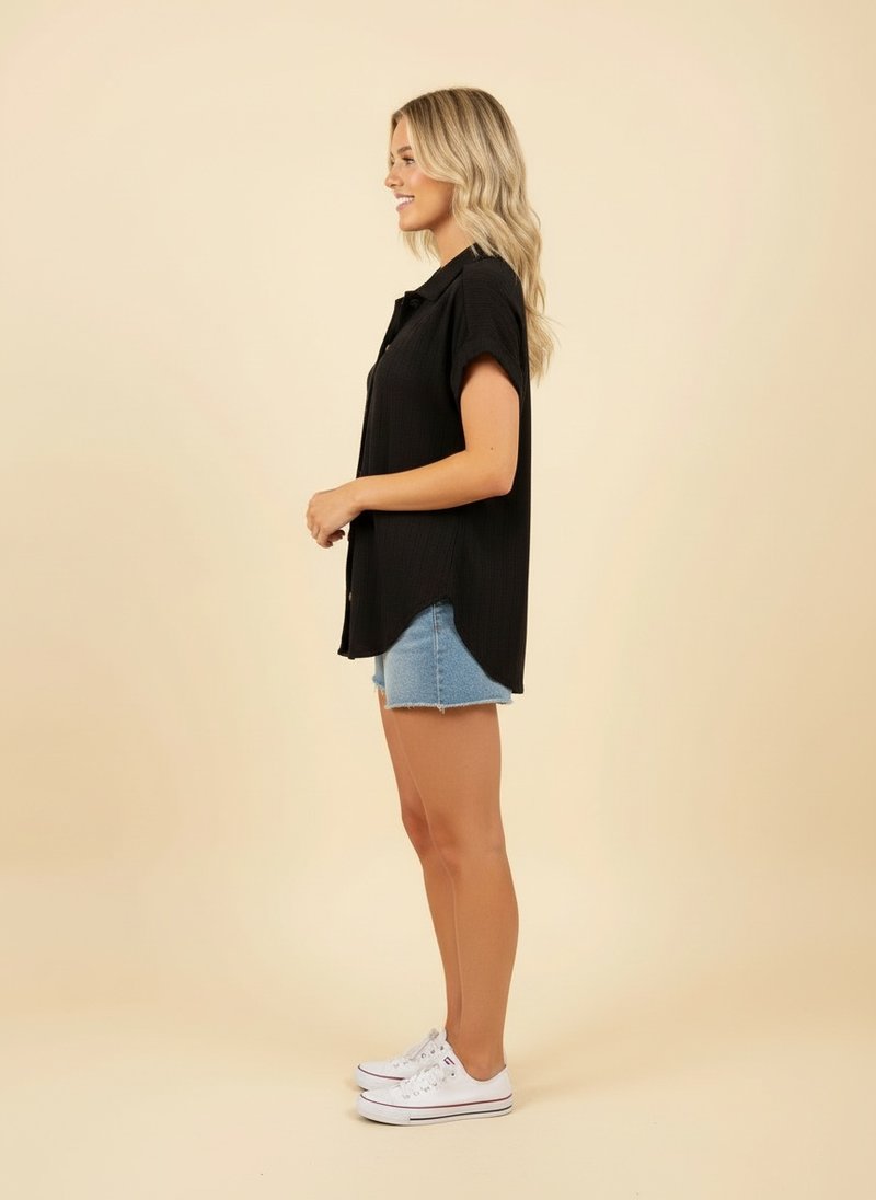 Short Sleeve Ribbed Button-Down Top - The Bronze Butterfly