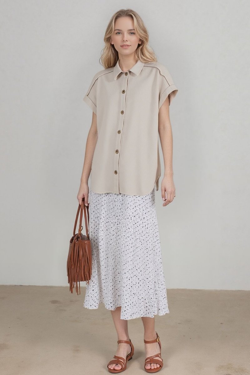 Short Sleeve Ribbed Button-Down Top | Plus Size - The Bronze Butterfly