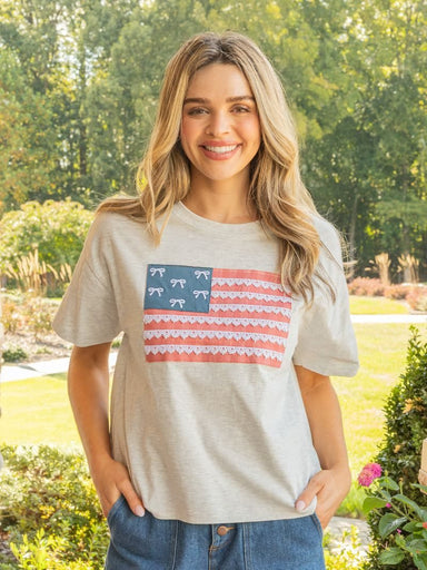 Simply Southern | American It Girl Short Sleeve Graphic Tee with Lace Flag Applique - The Bronze Butterfly