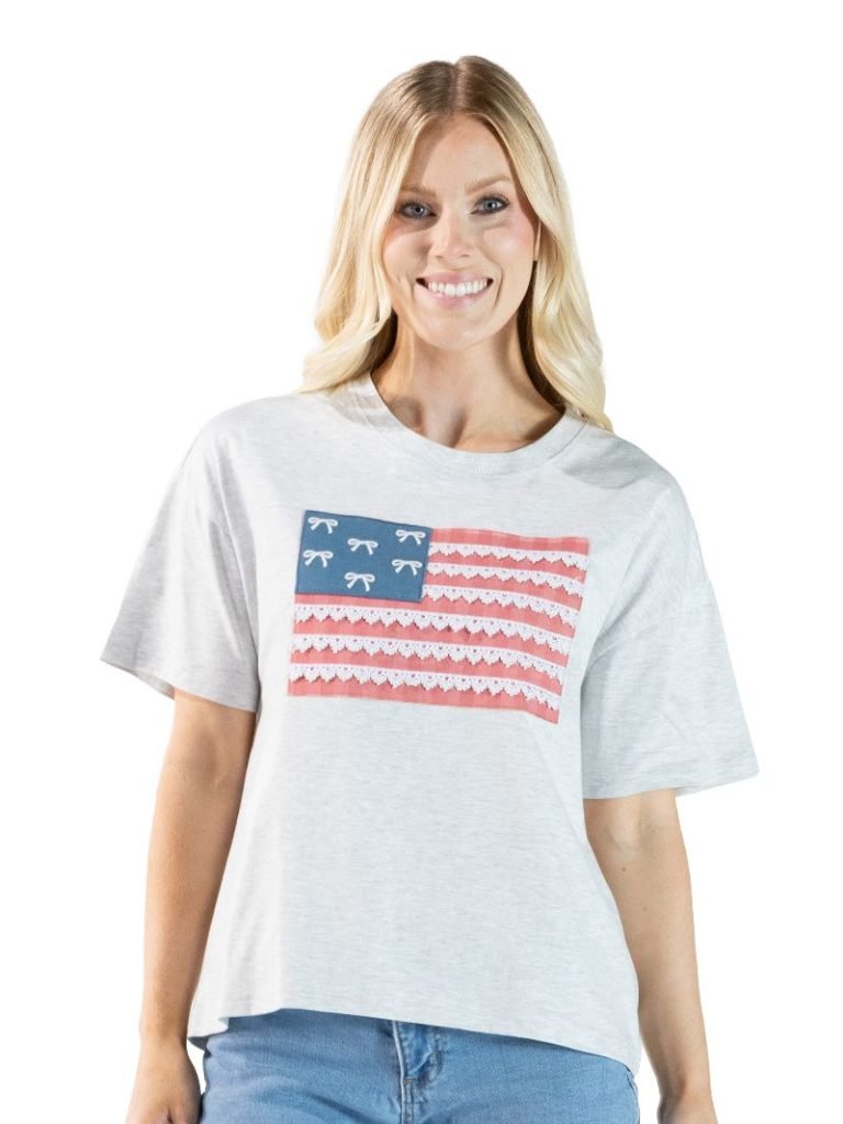 Simply Southern | American It Girl Short Sleeve Graphic Tee with Lace Flag Applique - The Bronze Butterfly