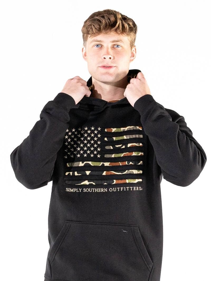 Simply Southern Outfitters Men's Outdoor Camo Flag Hoodie | Black - The Bronze Butterfly