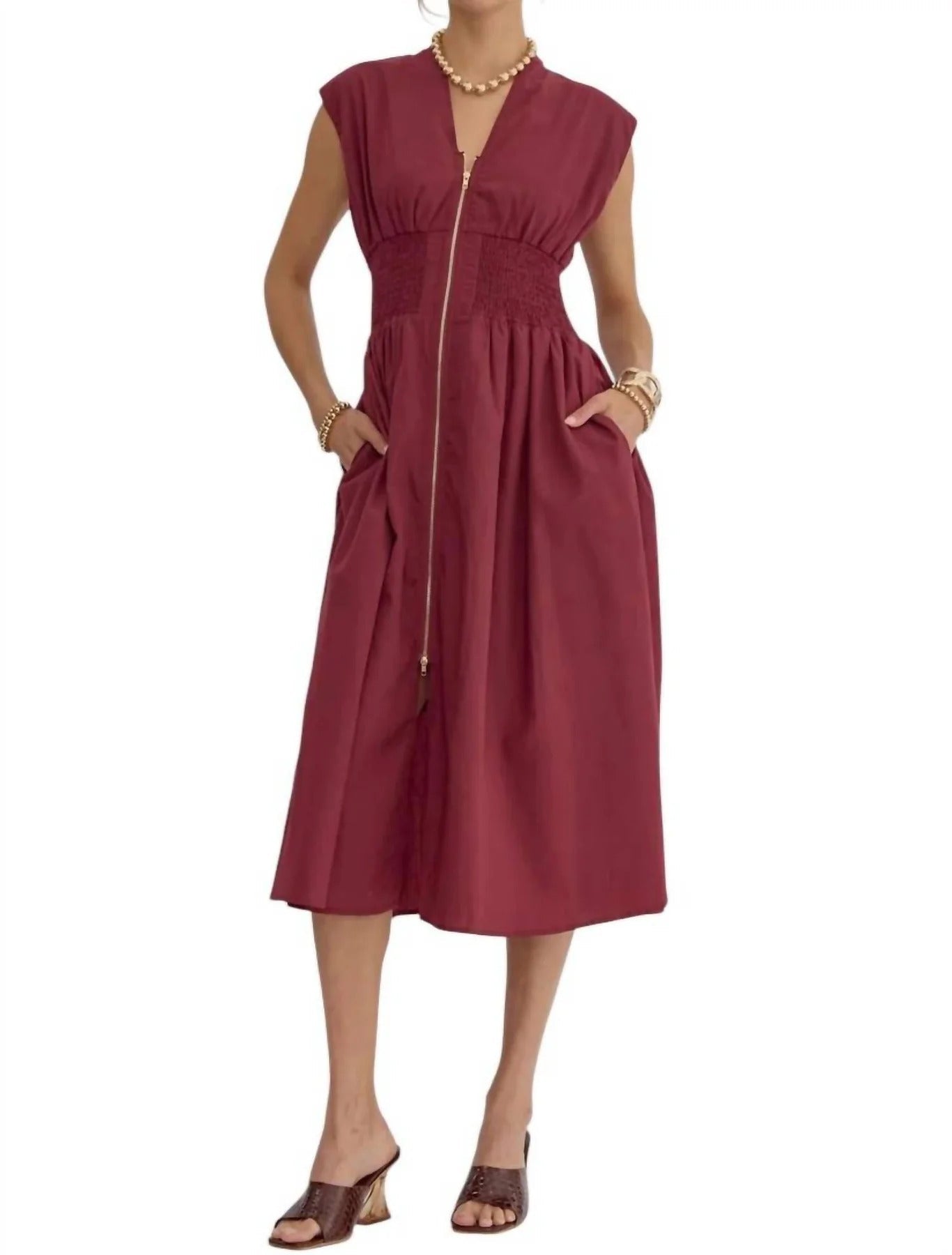 Solid V - Neck Sleeveless Midi Dress - Plus Size - The Bronze Butterfly