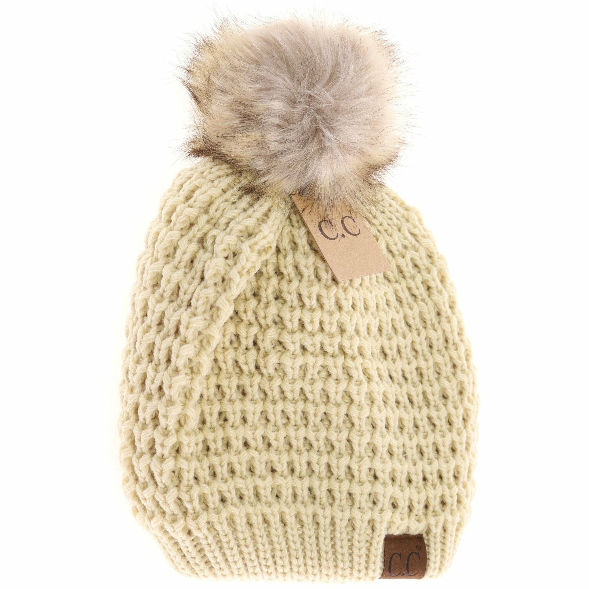 Solid Waffle Stitch Fur Pom C.C Beanie - The Bronze Butterfly