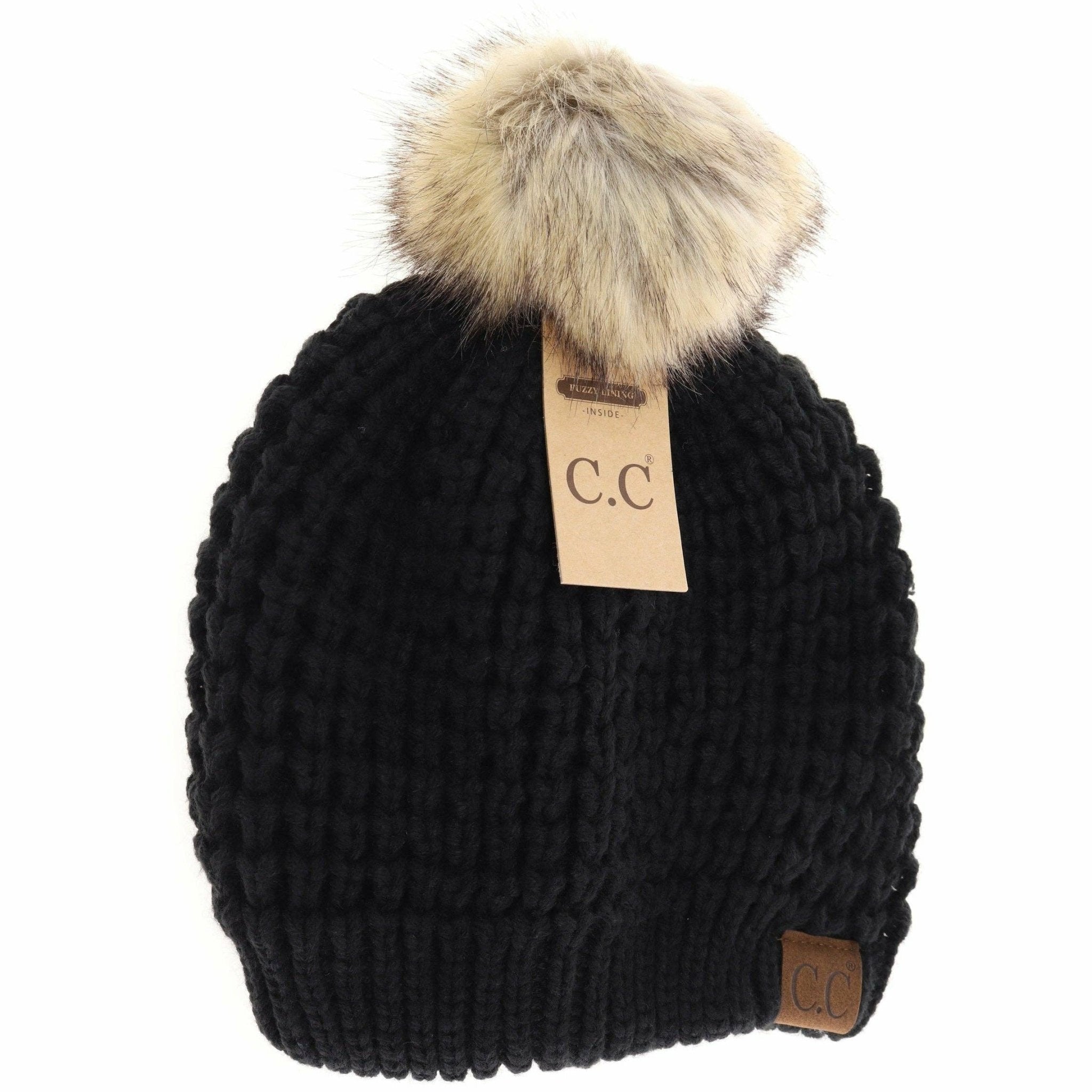 Solid Waffle Stitch Fur Pom C.C Beanie - The Bronze Butterfly