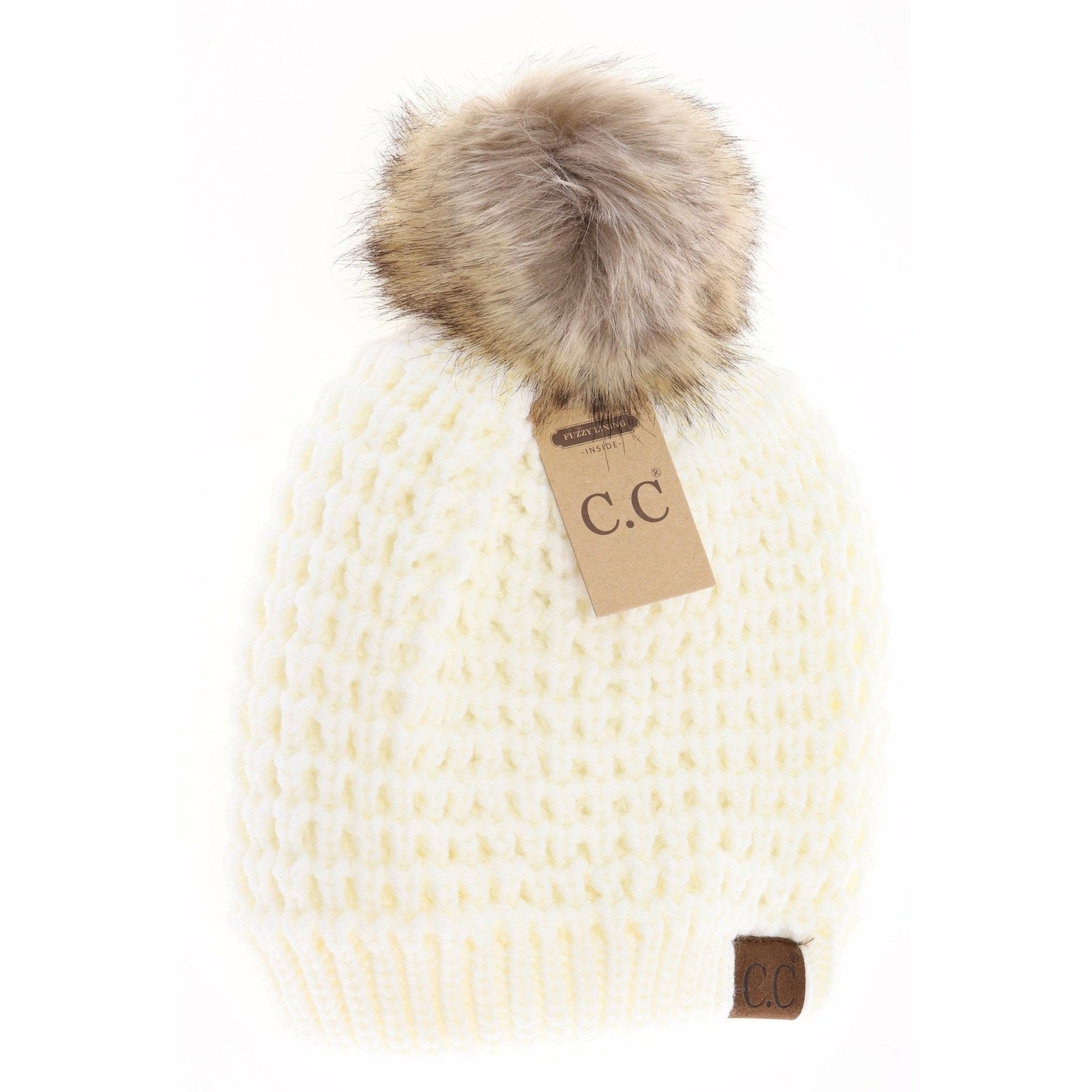Solid Waffle Stitch Fur Pom C.C Beanie - The Bronze Butterfly