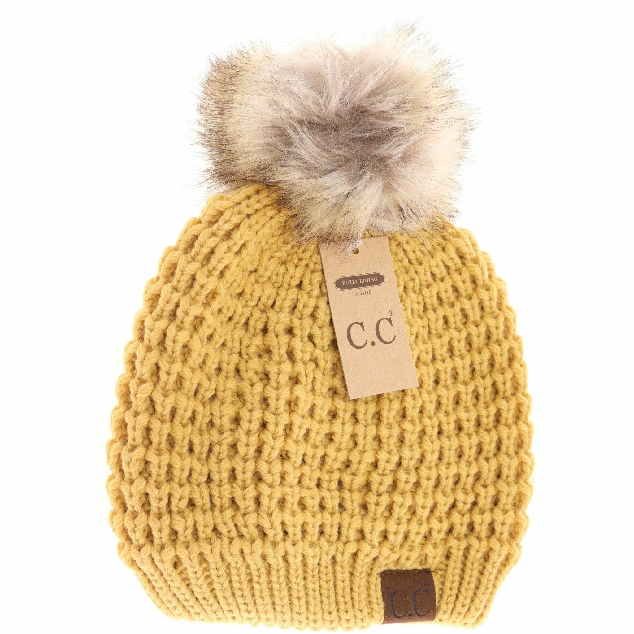 Solid Waffle Stitch Fur Pom C.C Beanie - The Bronze Butterfly