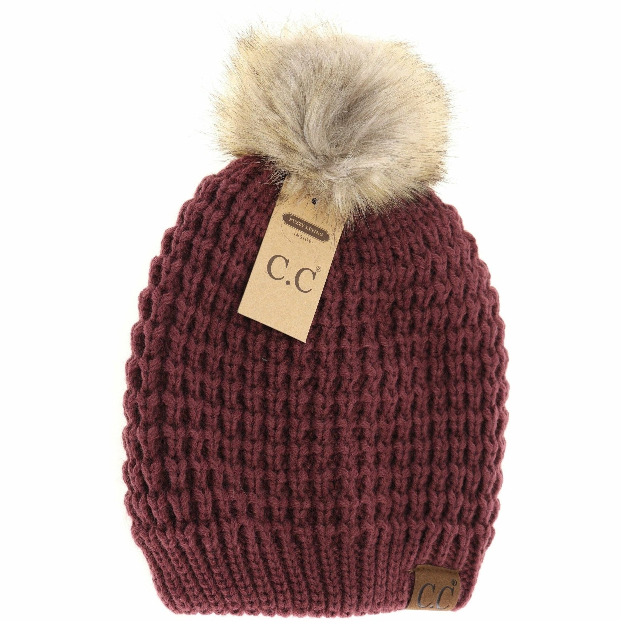 Solid Waffle Stitch Fur Pom C.C Beanie - The Bronze Butterfly