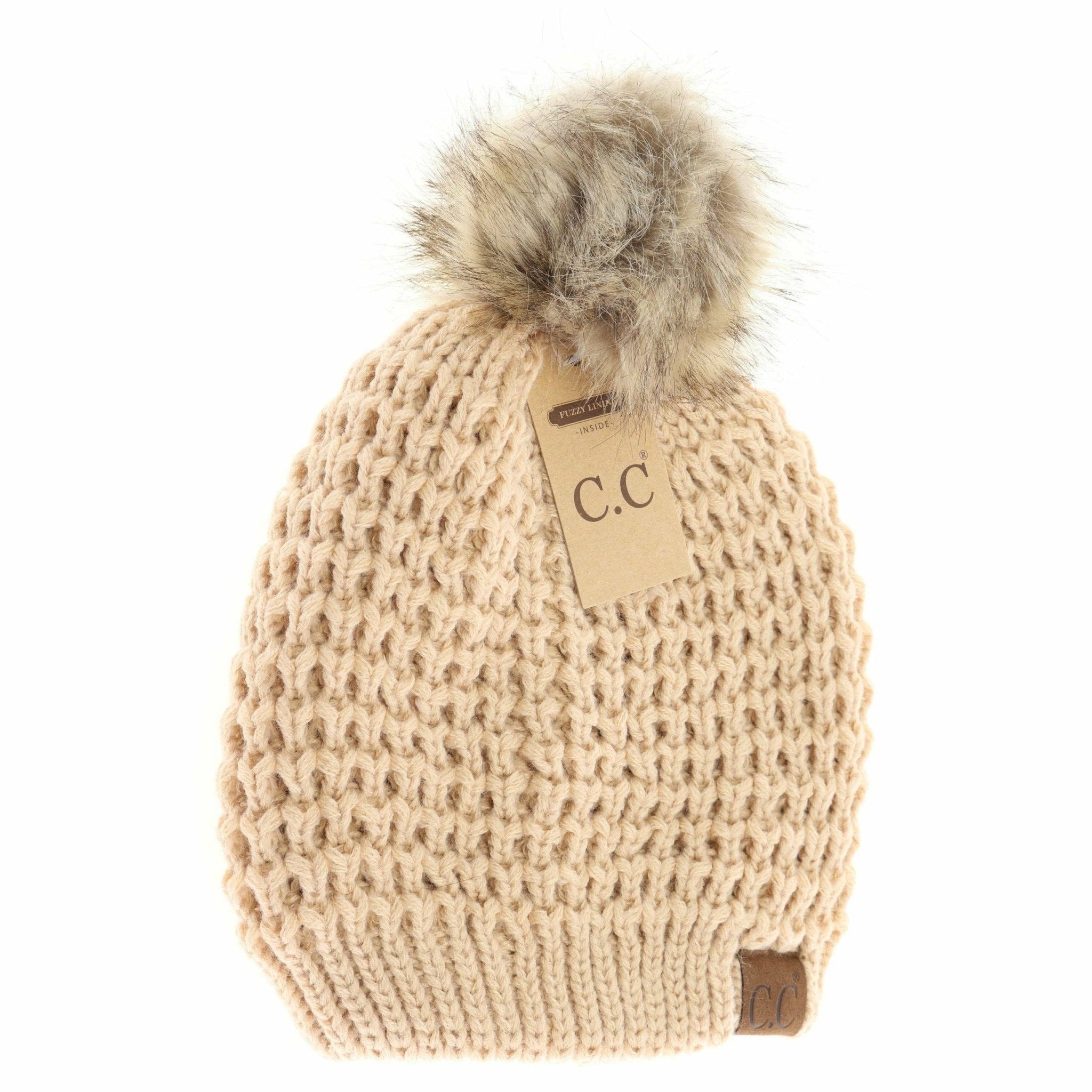 Solid Waffle Stitch Fur Pom C.C Beanie - The Bronze Butterfly