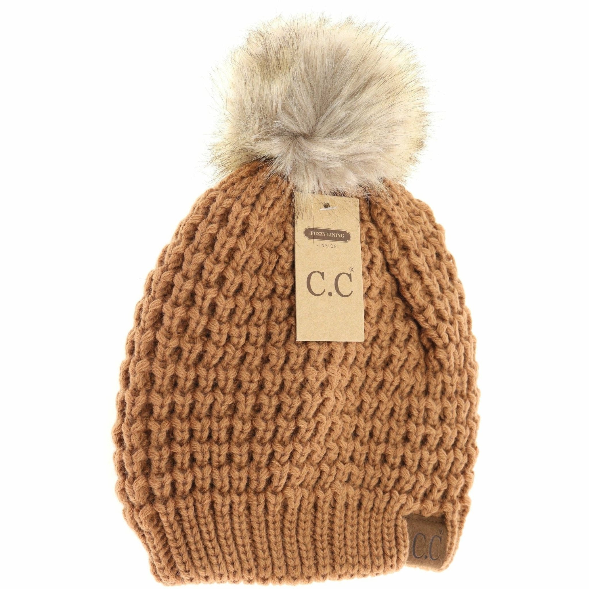 Solid Waffle Stitch Fur Pom C.C Beanie - The Bronze Butterfly