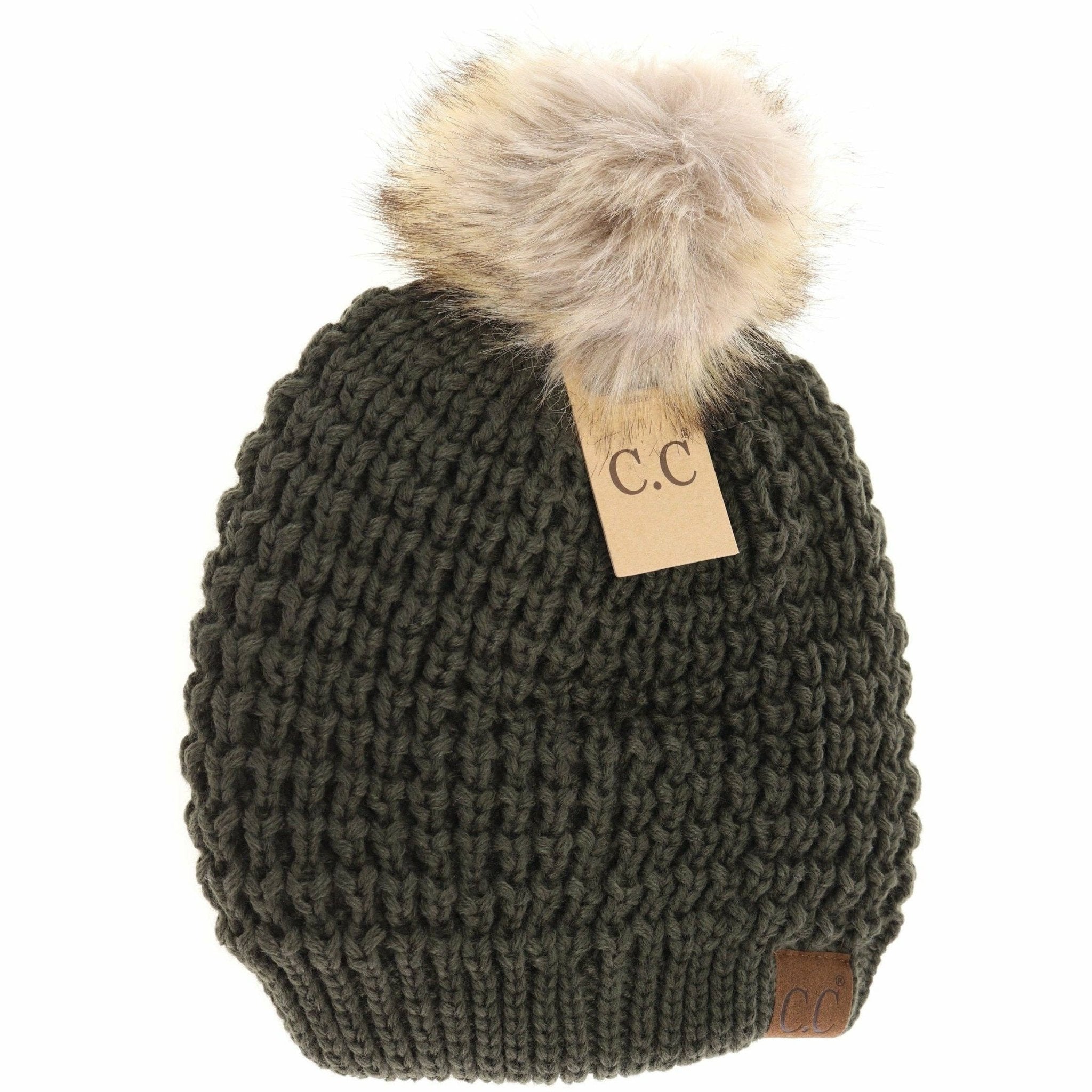 Solid Waffle Stitch Fur Pom C.C Beanie - The Bronze Butterfly