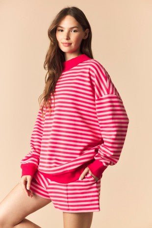 Stripe Mock Neck Brushed Sweatshirt & Shorts Set in Coral/Light Pink - The Bronze Butterfly