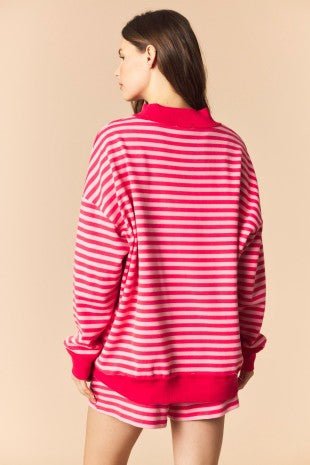 Stripe Mock Neck Brushed Sweatshirt & Shorts Set in Coral/Light Pink - The Bronze Butterfly