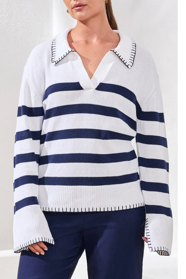 Striped Cotton Polo Sweater With Contrast Blanket Stitch - The Bronze Butterfly