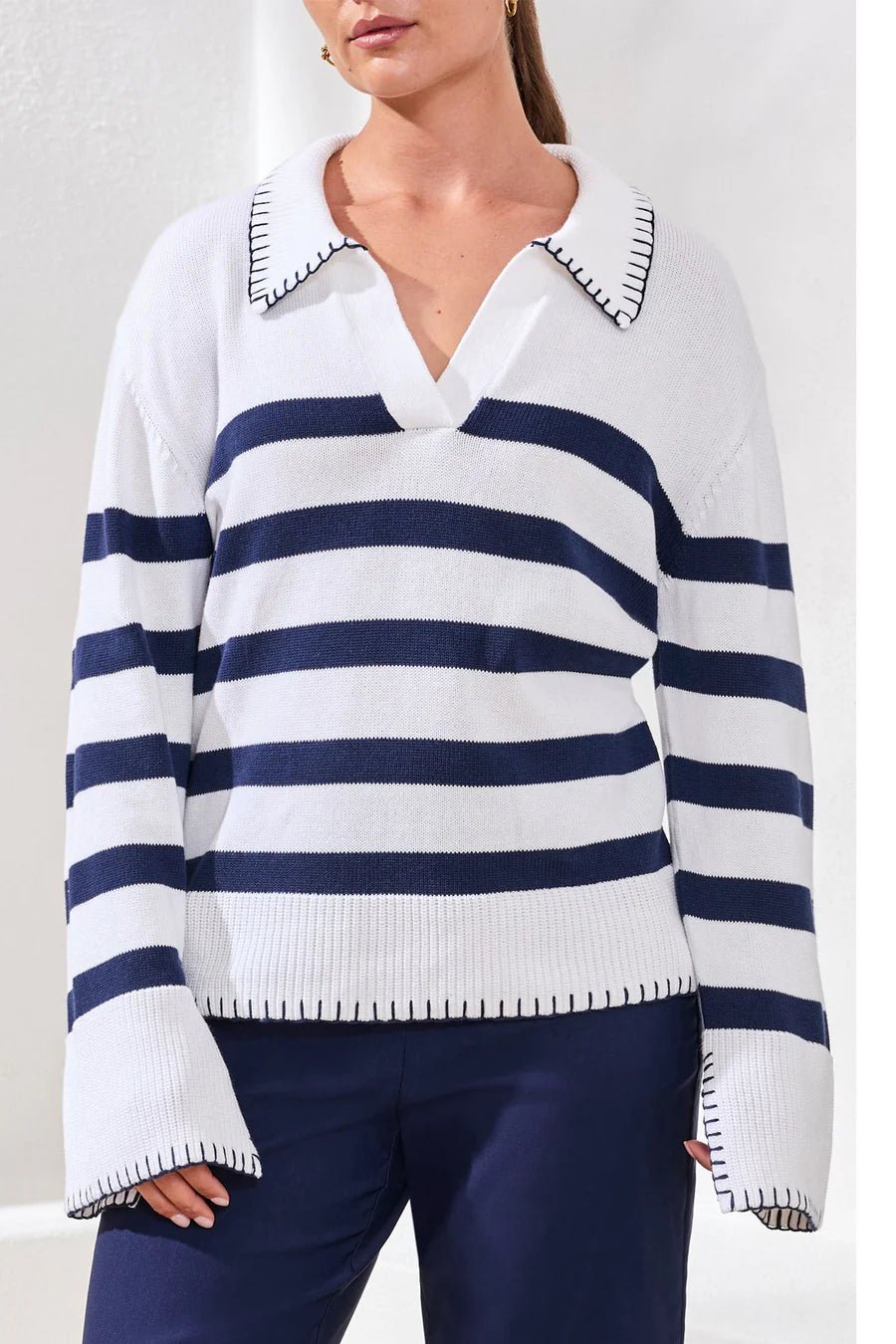 Striped Cotton Polo Sweater With Contrast Blanket Stitch - The Bronze Butterfly