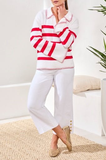 Striped Cotton Polo Sweater With Contrast Blanket Stitch - The Bronze Butterfly