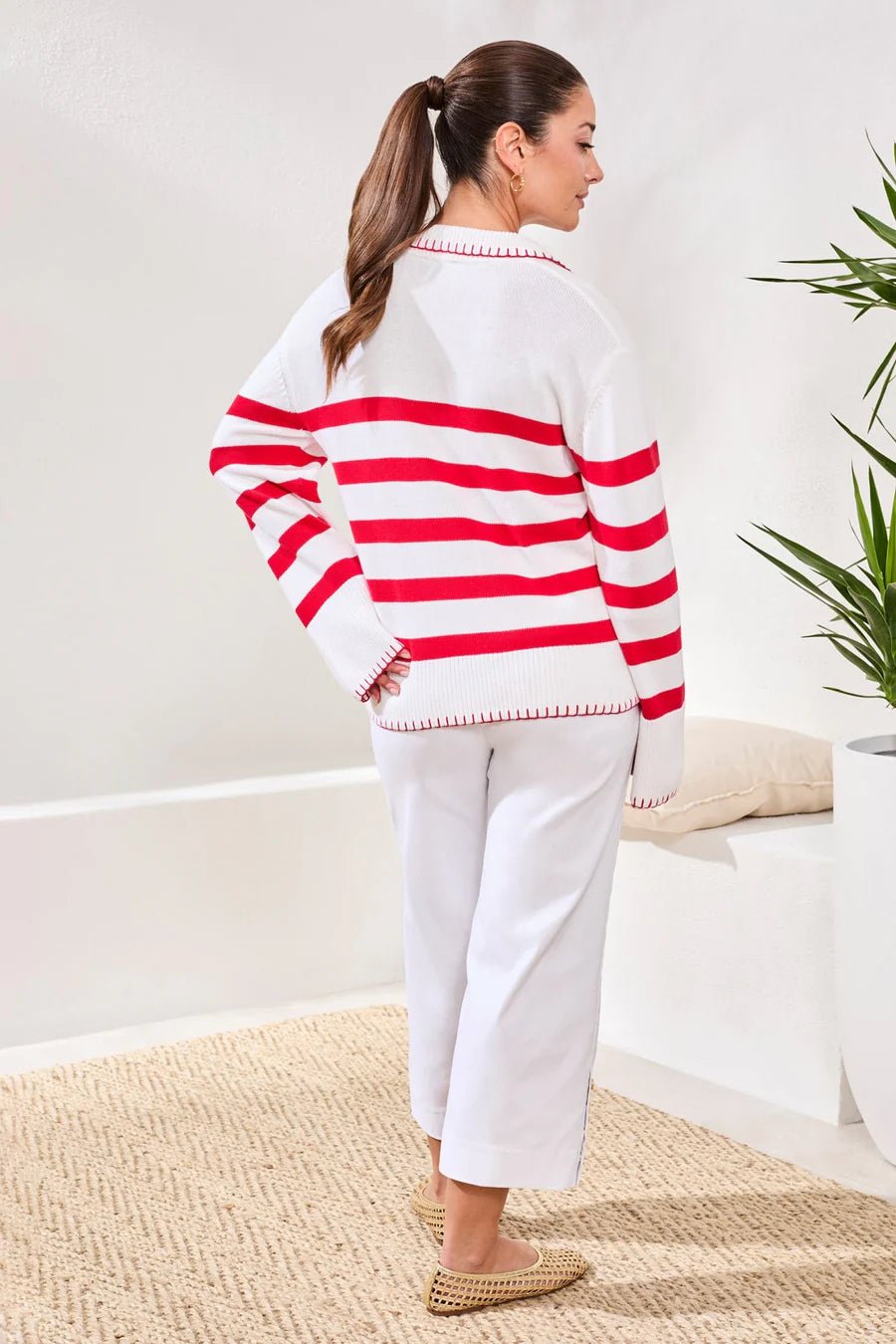 Striped Cotton Polo Sweater With Contrast Blanket Stitch - The Bronze Butterfly