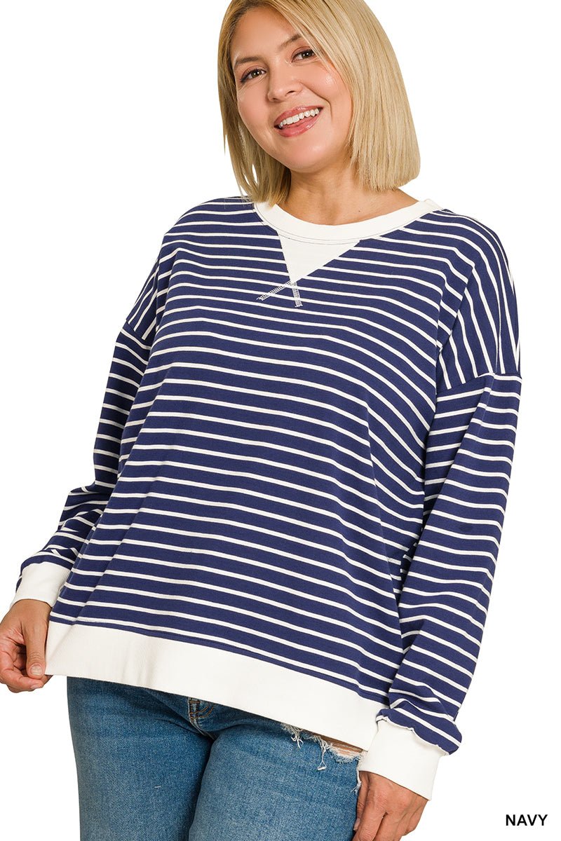 striped rib banded pullover Plus Size - The Bronze Butterfly