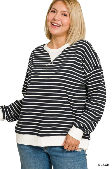 striped rib banded pullover Plus Size - The Bronze Butterfly