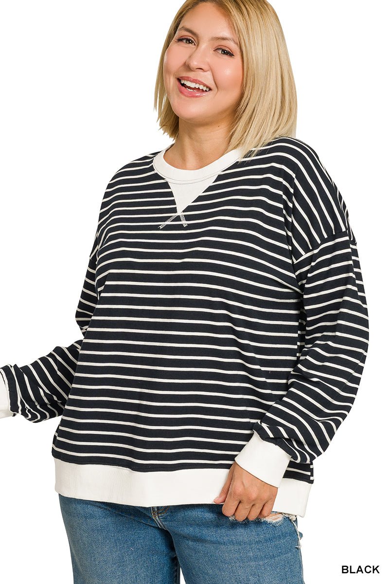 striped rib banded pullover Plus Size - The Bronze Butterfly