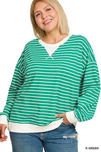 striped rib banded pullover Plus Size - The Bronze Butterfly