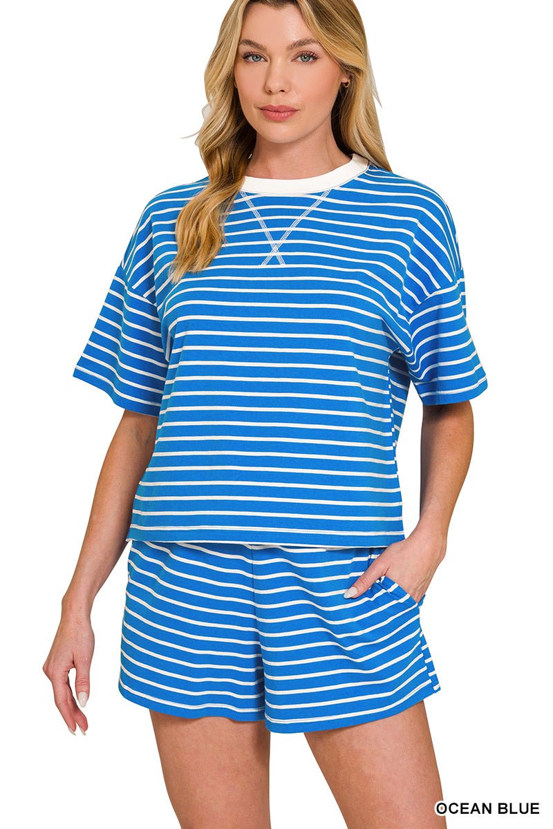 Striped round neck tee & shorts set - The Bronze Butterfly