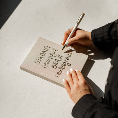 Strong Beautiful Brave Courageous Fabric Journal - The Bronze Butterfly