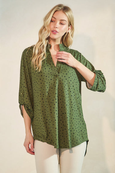 Three Quarter Button Mandarin Collar Dot Top - The Bronze Butterfly