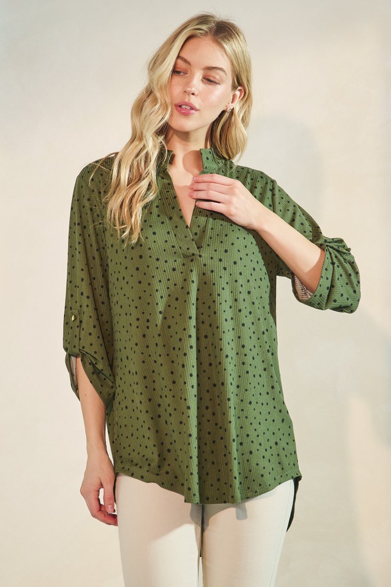 Three Quarter Button Mandarin Collar Dot Top - The Bronze Butterfly