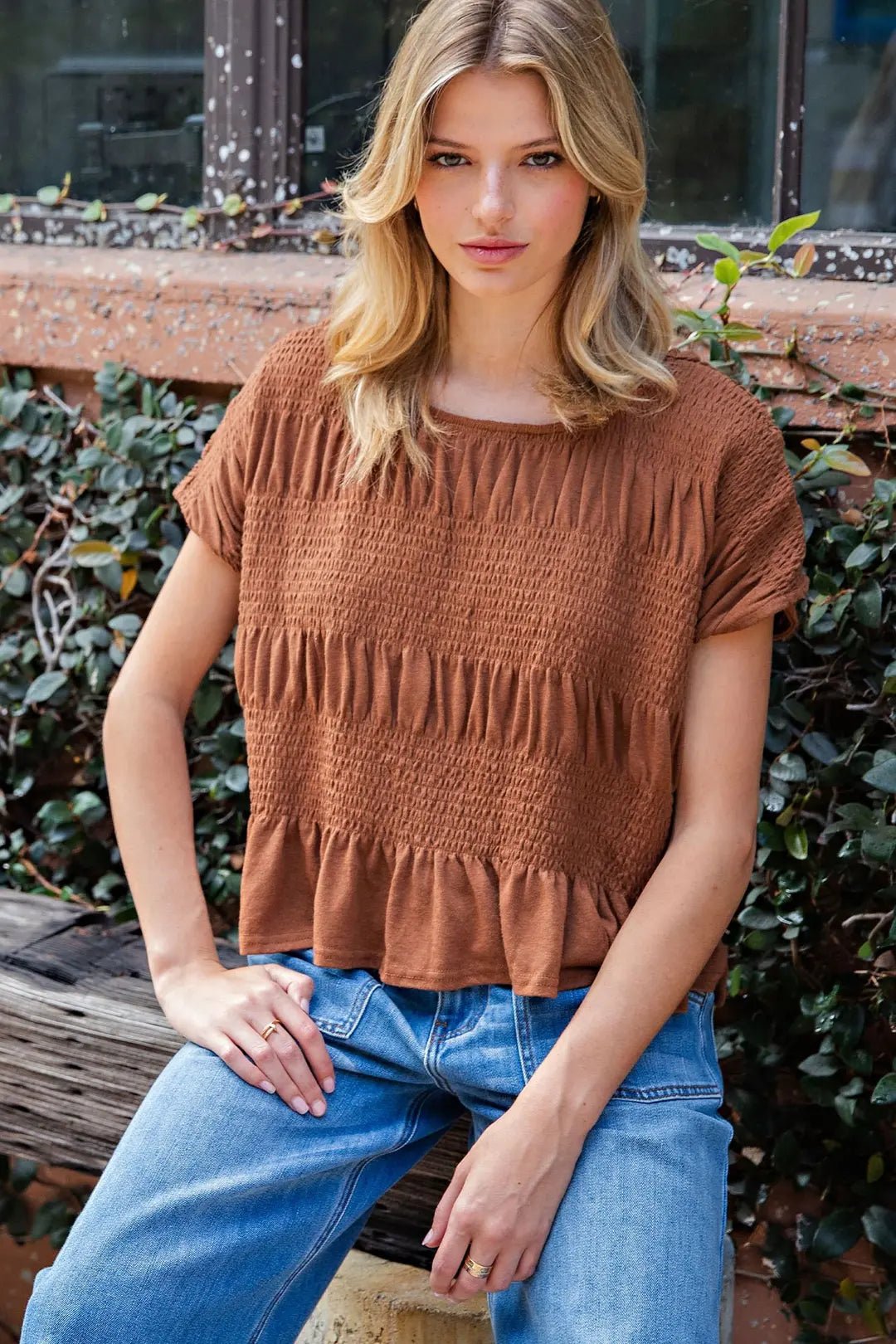 Toffee Mineral Wash Smocked Dolman Top - The Bronze Butterfly