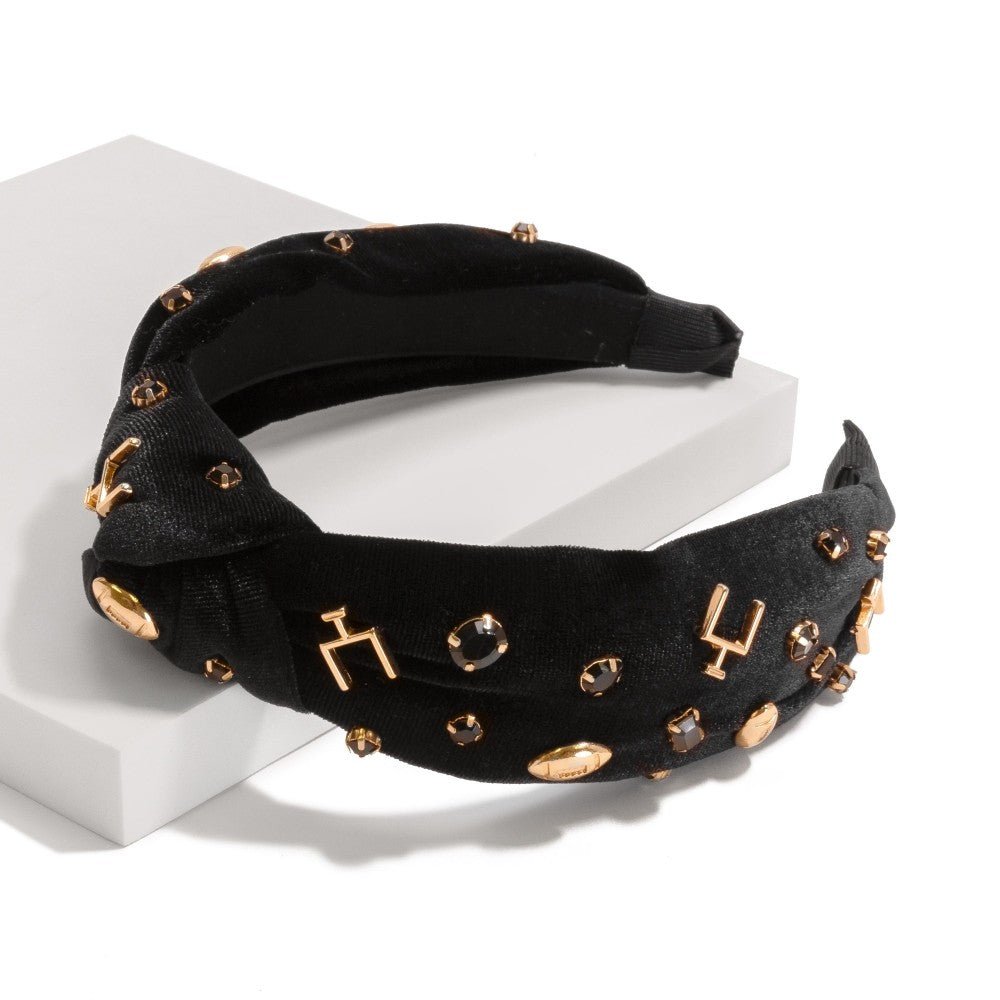 Velour Game Day Knotted Headband Featuring Rhinestones and Gold Tone Footballs - The Bronze Butterfly