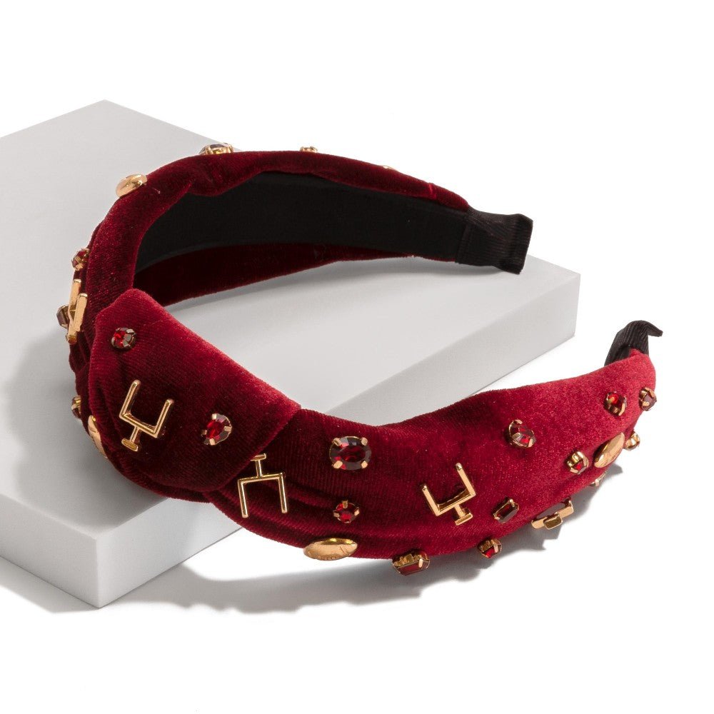 Velour Game Day Knotted Headband Featuring Rhinestones and Gold Tone Footballs - The Bronze Butterfly
