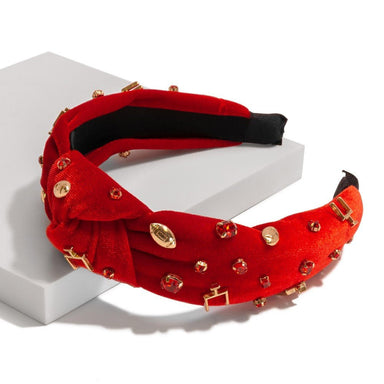 Velour Game Day Knotted Headband Featuring Rhinestones and Gold Tone Footballs - The Bronze Butterfly