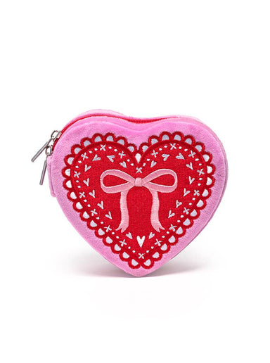 Velvet Jewelry Zip Case / Organizer - Heart Shaped w/ Bow - The Bronze Butterfly