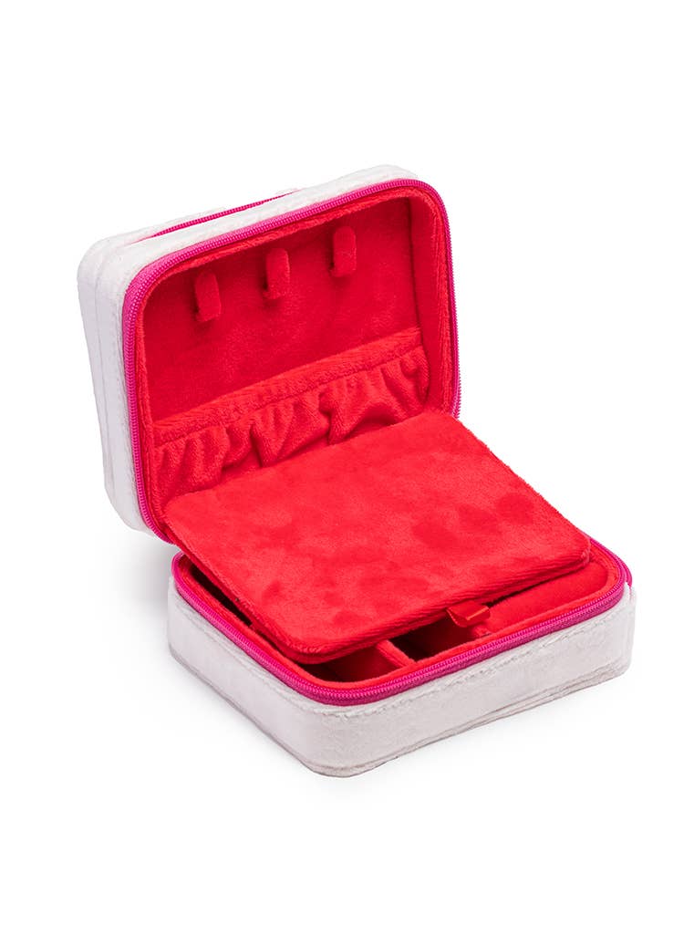 Velvet Jewelry Zip Case / Organizer - Queen of Hearts - White - The Bronze Butterfly