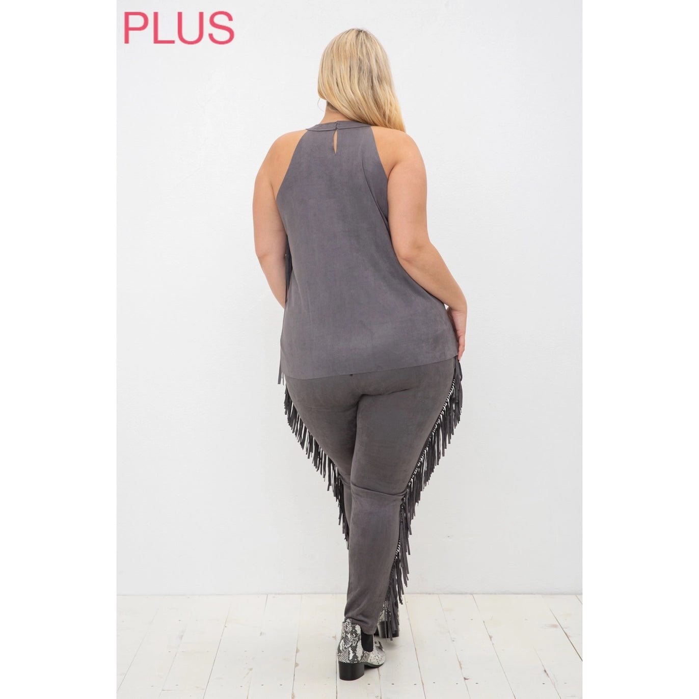 VOCAL Cleo Plus Size Sleeveless Faux Suede Fringe Top - The Bronze Butterfly