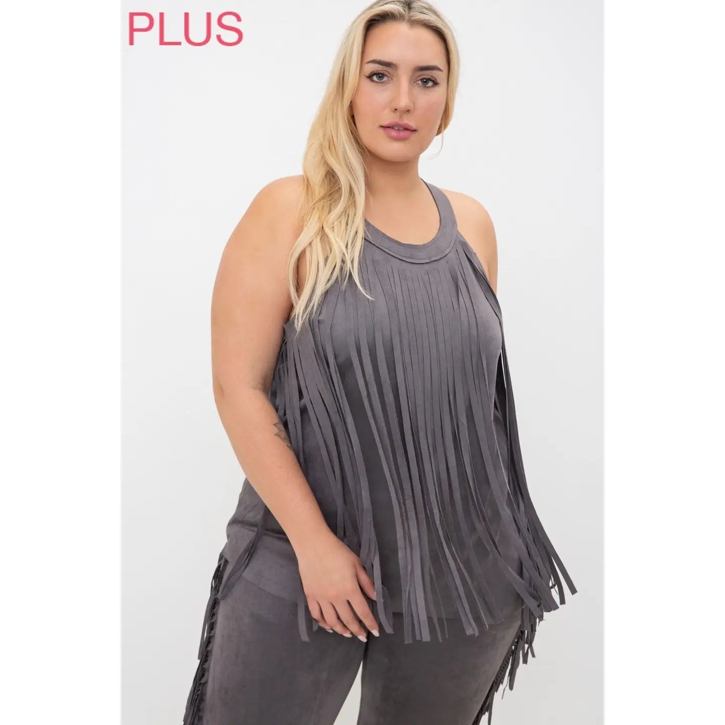 VOCAL Cleo Plus Size Sleeveless Faux Suede Fringe Top - The Bronze Butterfly