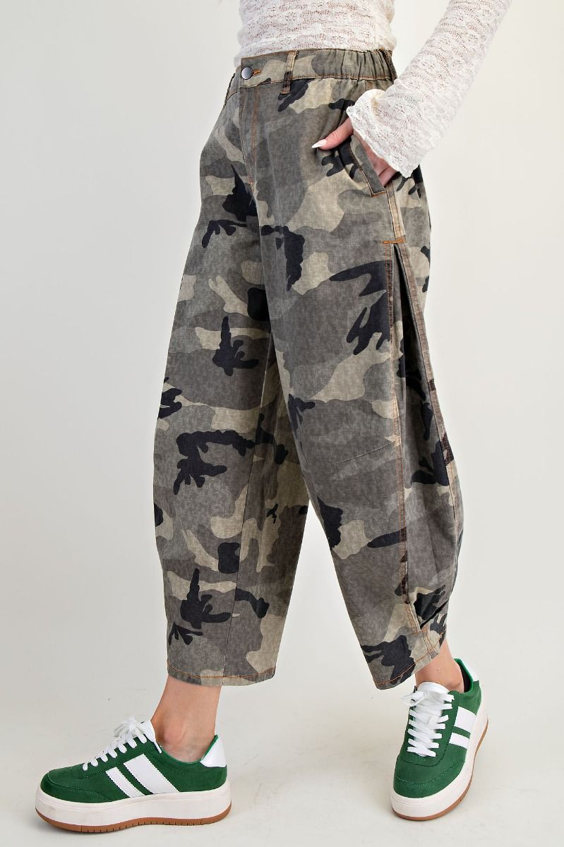 WASHED CAMO TWILL BARREL PANTS - The Bronze Butterfly