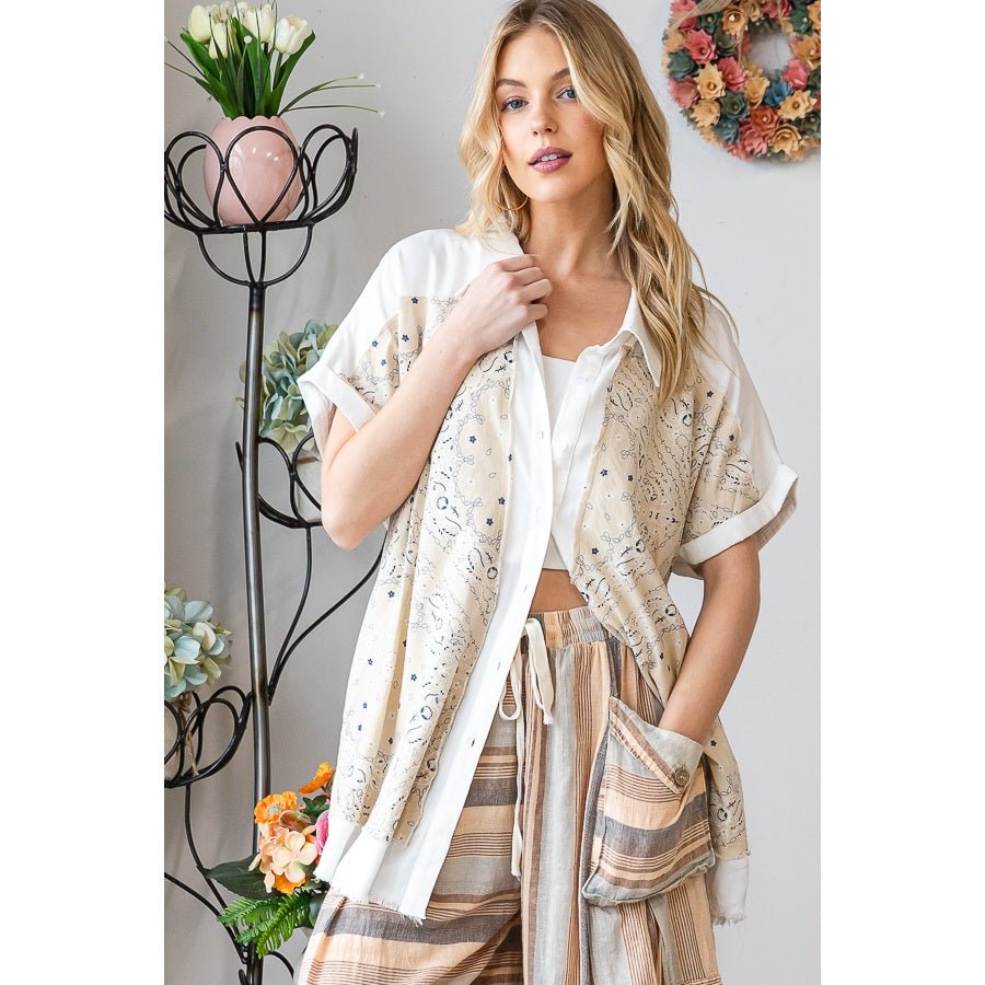 Washed Scarf Print Button Front Shirt - The Bronze Butterfly